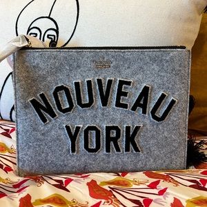 Kate Spade New York Nouveau York Felt Pouch w/ Red PomPom Wristlet Clutch, NWT